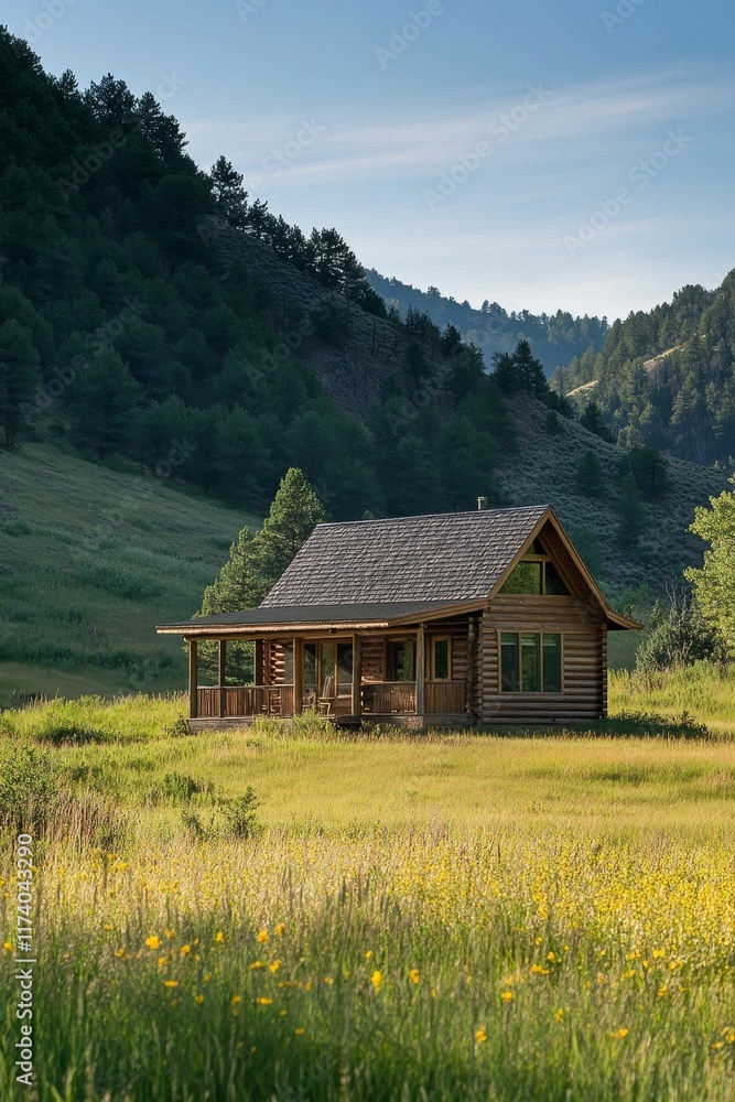 Wooden cabin, grassy meadow, hillside, sunny day. Wooden cabin, grassy meadow, hillside, sunny day.