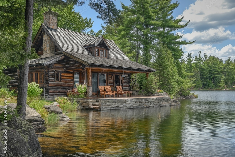 Lakeside log cabin, stone patio, tranquil setting. Lakeside log cabin, stone patio, tranquil setting.