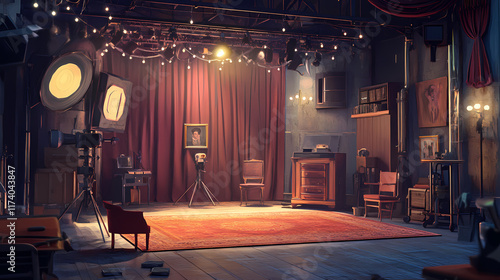 A behind-the-scenes glimpse of a sound stage, with props from famous universal movies on display. Glimpse. Illustration photo