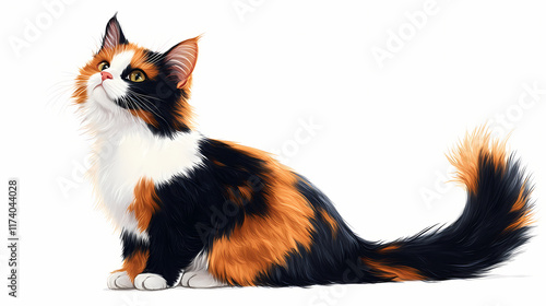 A detailed calico cat with a bushy tail and vivid patches glances upward, exuding life and character, isolated on a transparent background. Glimpse. Illustration photo