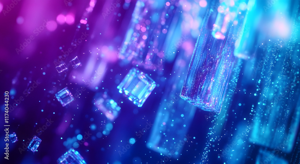 Obraz premium Abstract 3D digital technology with blue light particles, wave glitters, and stock.
