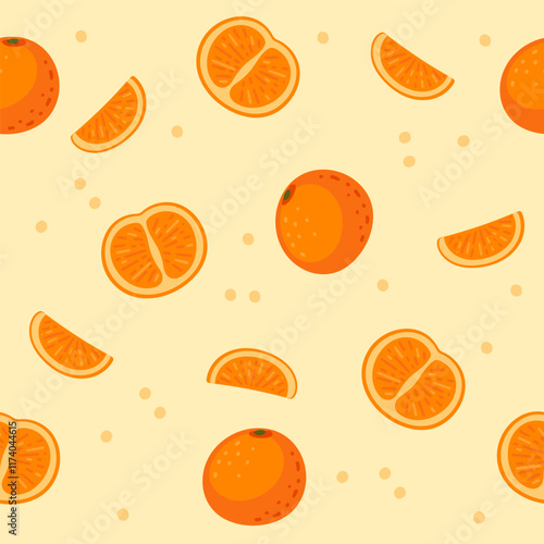 Seamless pattern of fresh tasty oranges. Whole, halved and slice of ripe tropical orange fruit. Citrus with peel and segmented flesh inside. Vector illustration on yellow background