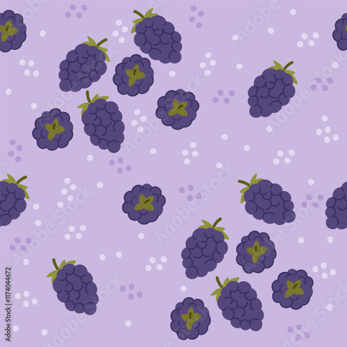 Seamless pattern of ripe blackberries. Suitable for berry-themed projects, dessert recipes, and highlighting blackberries properties and health benefits. Vector illustration on purple background