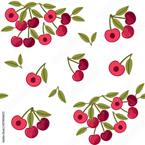 Seamless pattern of Red ripe cherry berry with green leaf. Whole and halves cherry with seed. Fresh and juicy nature of the fruits. Vector illustration on white background