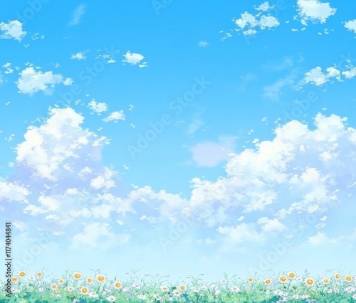 Golden sunflowers are scattered across a wide field, their hues contrasting with the blue sky
