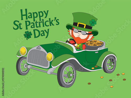 Cute cartoon illustration of a leprechaun driving a vintage car