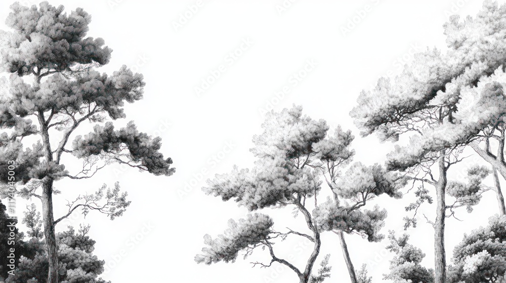 Detailed Drawing of Majestic Pine Trees in a Forest Detailed Drawing of Majestic Pine Trees in a Forest