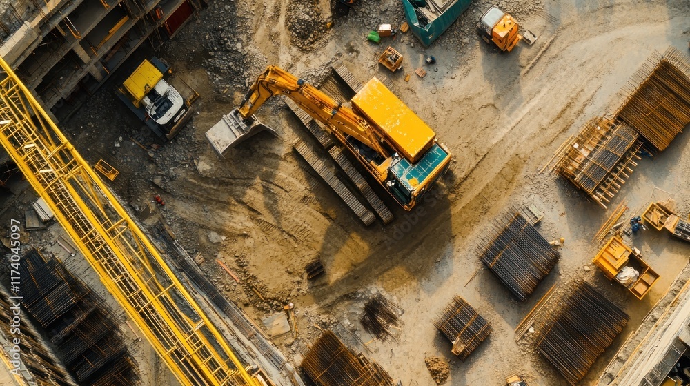 Aerial view of a construction site with machinery and materials in progress. Aerial view of a construction site with machinery and materials in progress.