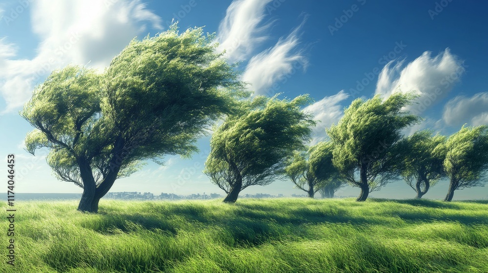 Obraz premium Windswept trees, tall grass, distant city.