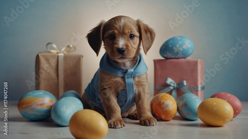 Adorable puppy in a blue sweater surrounded by Easter eggs and gifts. Perfect for spring and Easter themed projects. photo