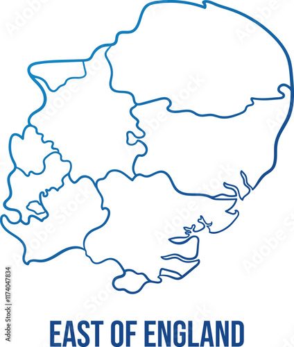 East of England region with administrative subdivisions. Abstract hand drawn simplified shape map. Soft blue gradient outline map to use for any purpose