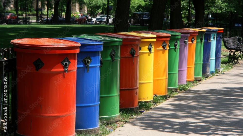 Vibrant Colorful Trash Cans in Urban Park Setting Vibrant Colorful Trash Cans in Urban Park Setting