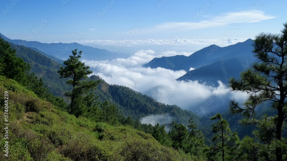 Fototapeta premium Mountainous landscape, clouds, evergreen trees, valley view.