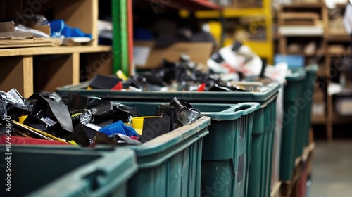 Cluttered Storage Area Featuring Overflowing Trash Bins Filled with Various Discarded Materials and Supplies in a Dimly Lit Warehouse Environment photo