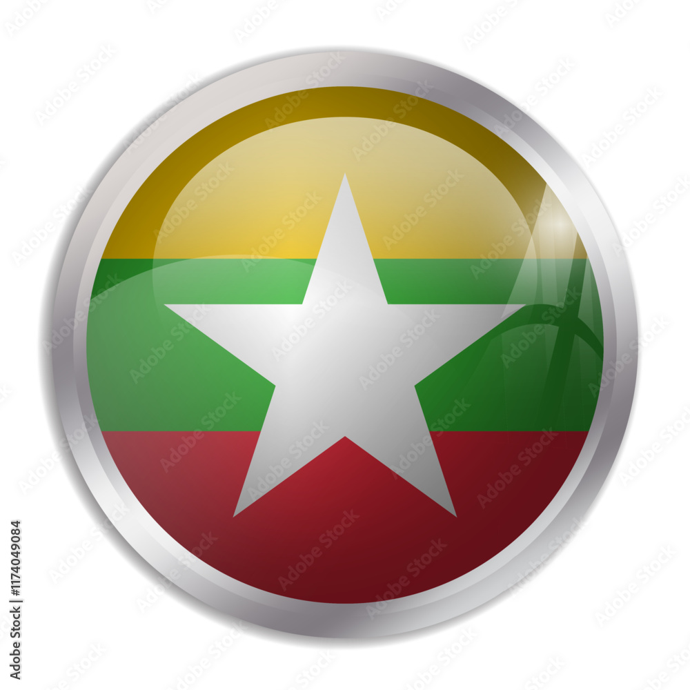 Myanmar flag - glossy circle button displays a colorful flag representing a country cultural identity and heritage. The essence of national pride and unity.