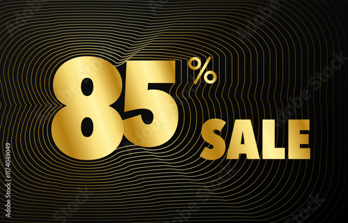 Futuristic golden wave frame sale number vector on black background, shiny metal gold gradient rotate line border sales promotion illustration, 15% percent off discount web banner poster template