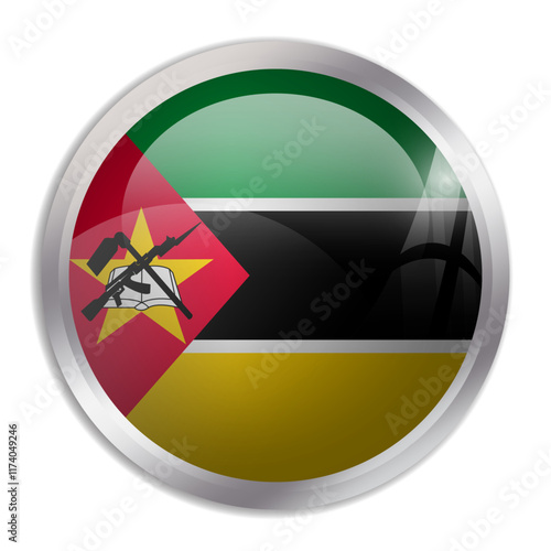 Free Download Mozambique flag - glossy circle button displays a colorful flag representing a country cultural identity and heritage. The essence of national pride and unity. - GFXLoad