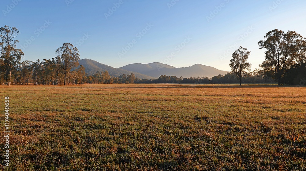 Serene sunrise over expansive grassland with distant mountains. Serene sunrise over expansive grassland with distant mountains.