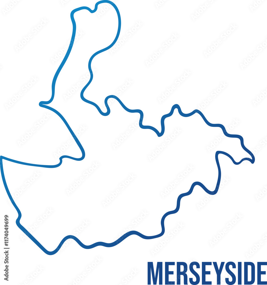 Merseyside ceremonial county simplified map. Hand drawn abstract line map. Illuminated Blue gradient contour Merseyside ceremonial county simplified map. Hand drawn abstract line map. Illuminated Blue gradient contour