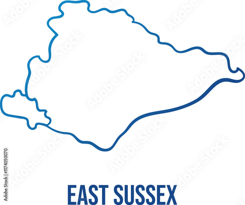 Abstract map of East Sussex ceremonial county and Brighton & Hove U.A. Outline blue gradient hand drawn simplified shape. Use for wall art, travel blog, news article