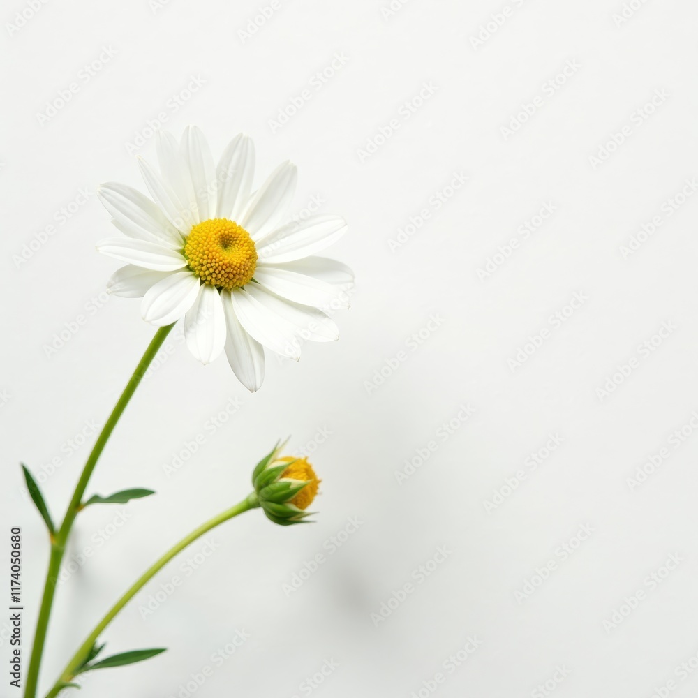 Fototapeta premium Delicate chamomile flower, pristine white background, plant, floral