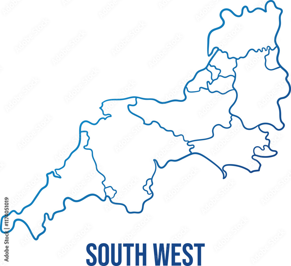 South West region of England with administrative subdivisions. Abstract hand drawn simplified shape map. Soft blue gradient outline map South West region of England with administrative subdivisions. Abstract hand drawn simplified shape map. Soft blue gradient outline map
