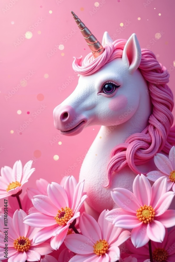 Obraz premium Glittery pink background with fluffy unicorns and flowers , pastel, flowers, border