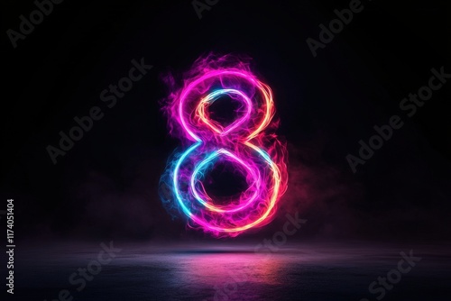 Glowing neon number eight with vibrant light trail on black background