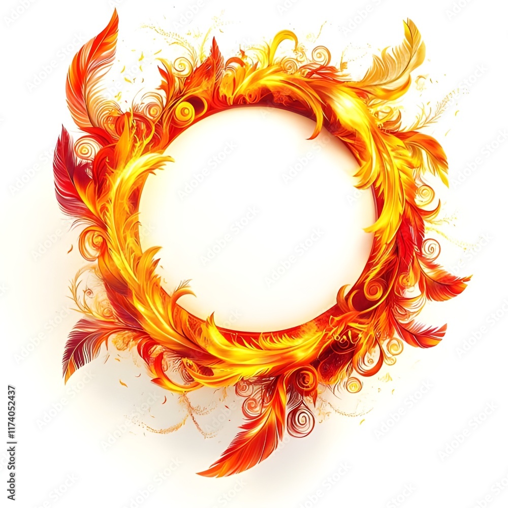design for children. on a white background, white in the middle. Empty in the middle, in a circle fire with patterns and curls, on the edges feathers. The colors are bright red, yellow, and orange. design for children. on a white background, white in the middle. Empty in the middle, in a circle fire with patterns and curls, on the edges feathers. The colors are bright red, yellow, and orange.