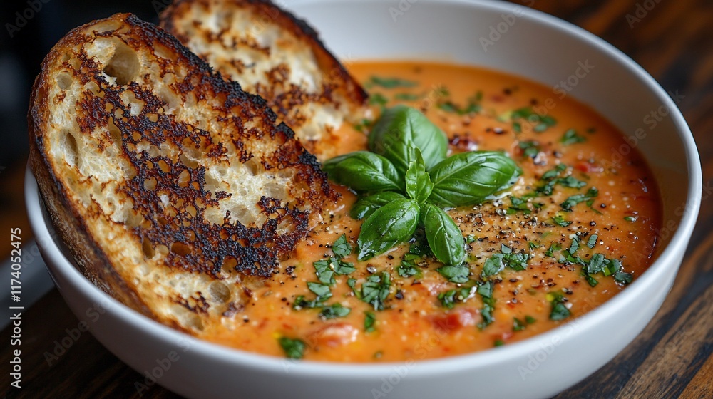 Creamy tomato soup with toasted bread and basil. Creamy tomato soup with toasted bread and basil.