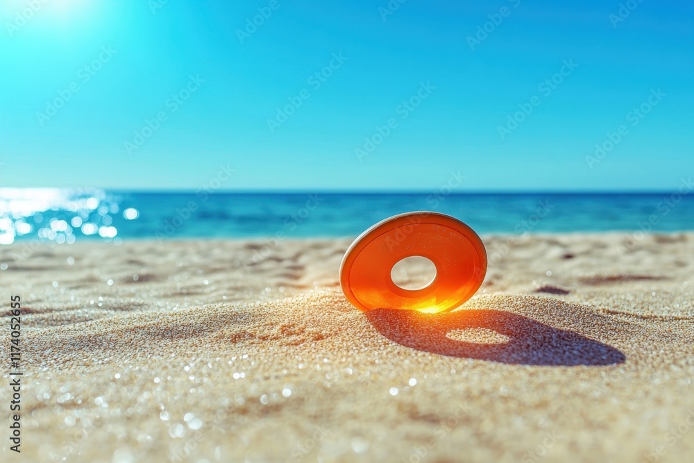 Obraz premium Bright orange float resting on soft sand by the serene ocean under a clear sky
