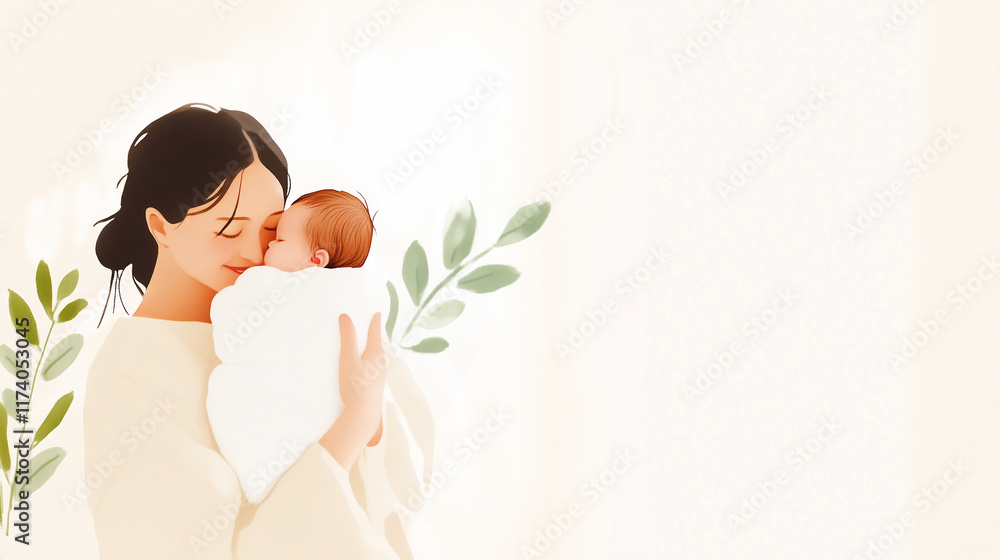 Illustrate a heartwarming scene of a mother embracing her newborn baby boy in her arms, with a look of deep affection and happiness. The motherâs protective hold conveys the loving Illustrate a heartwarming scene of a mother embracing her newborn baby boy in her arms, with a look of deep affection and happiness. The motherâs protective hold conveys the loving