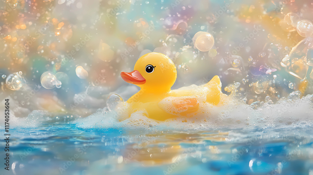 Yellow Rubber Duck Floating in Bubbles - Cheerful Bath Time Yellow Rubber Duck Floating in Bubbles - Cheerful Bath Time
