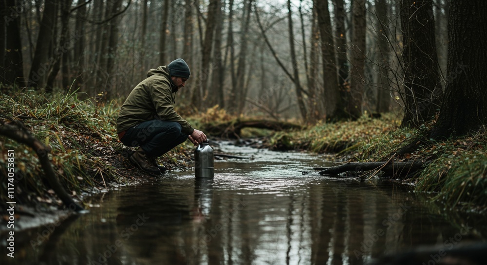 Man Collecting Water from Forest Stream Man Collecting Water from Forest Stream