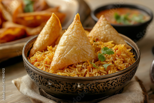 Traditional Ramadan Dishes Like Biryani, Samosas, And Baklava, Styled Beautifully On A Festive Table photo