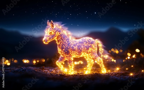 Luminous donkey silhouette in night landscape. photo