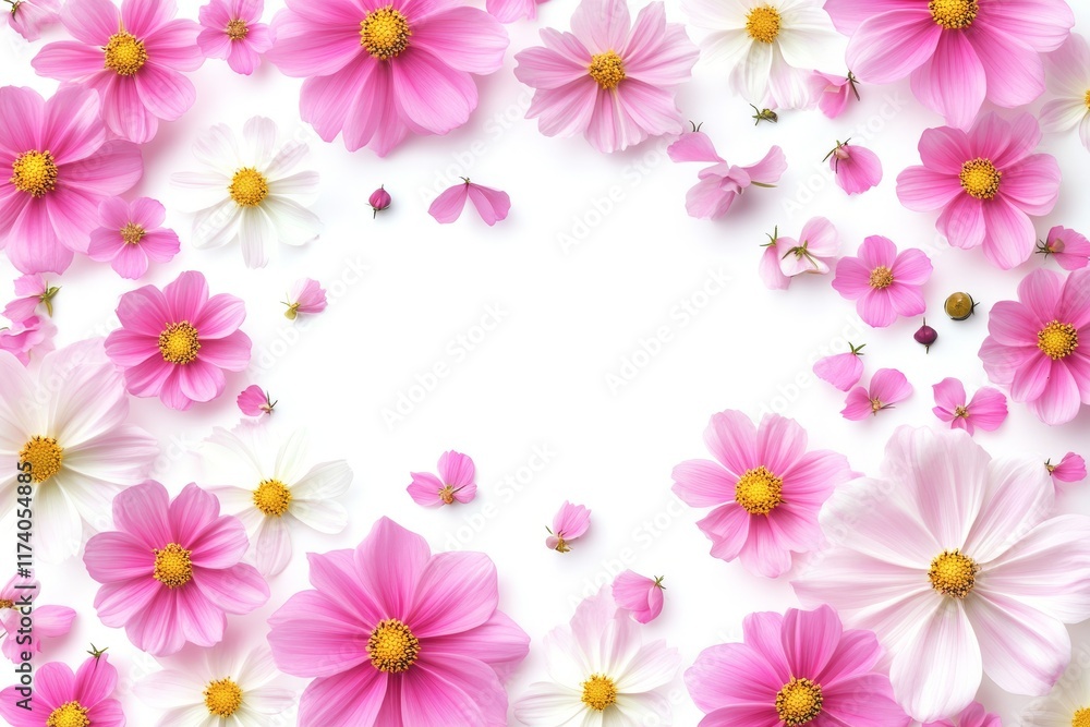 Pink flowers are the focal point in this top view, flat-lay photography set against a white background Pink flowers are the focal point in this top view, flat-lay photography set against a white background