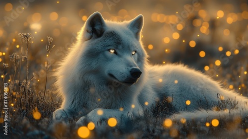 Mystical Nighttime Scene with an Arctic Wolf Illuminated in Snow