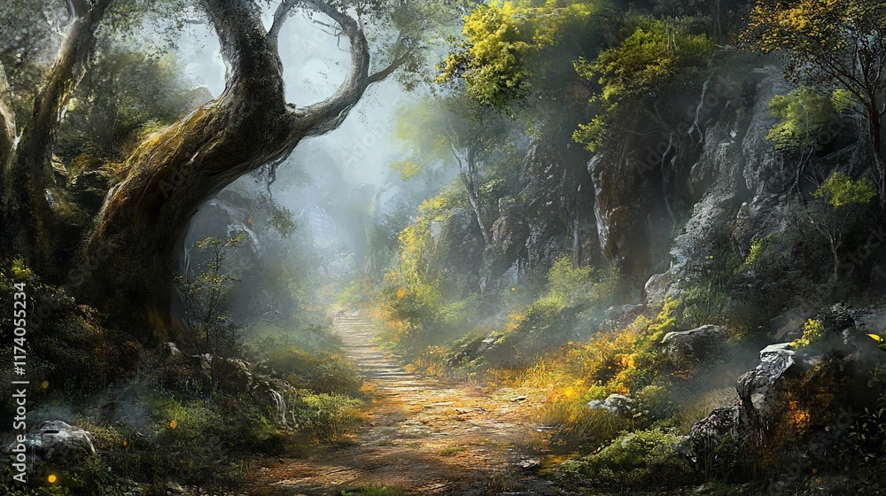 Misty forest path winding through rocky terrain.