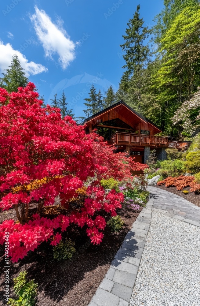 A fancy entrance of a luxurious house with a blue sky as the backdrop and picturesque outdoor landscape A fancy entrance of a luxurious house with a blue sky as the backdrop and picturesque outdoor landscape