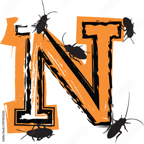 Letter N filled with cockroaches and bugs.