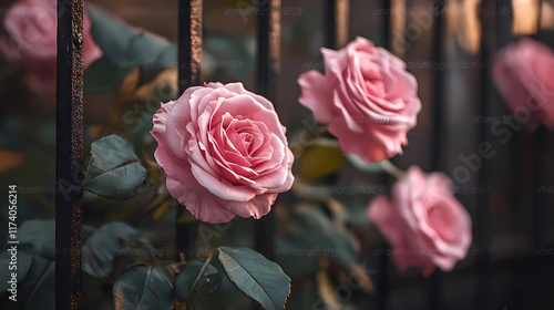 Blooming Pink Roses Against a Wrought Iron Fence Background