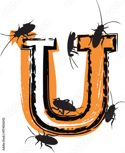 Letter U filled with cockroaches and bugs.