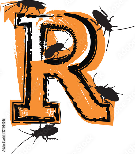 Letter R filled with cockroaches and bugs.