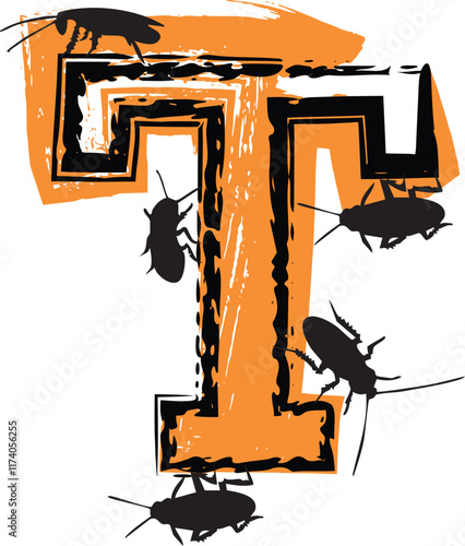 Letter T filled with cockroaches and bugs.