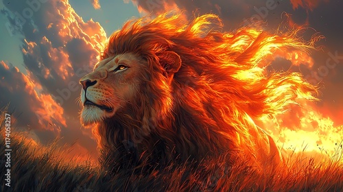 Fiery lion with flaming mane at sunset, majestic digital art. photo