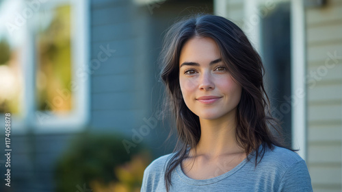 Young caucasian female smiling outdoors in residential area Free Download Young caucasian female smiling outdoors in residential area - GFXLoad