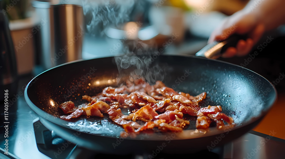 Fototapeta premium Crispy Bacon Sizzling in Skillet - Culinary Delight