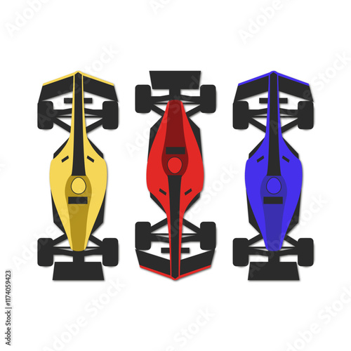 Minimalist Vector Illustration of Colorful Racecars Viewed from the Top. Red, Yellow, and Blue Racing Vehicles on a White Background. Perfect Design for Motorsport, Speed, and Automotive Themes.