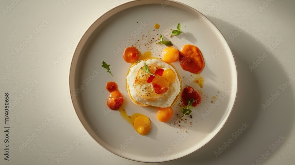 White table with exquisite culinary creation on minimalist plate White table with exquisite culinary creation on minimalist plate